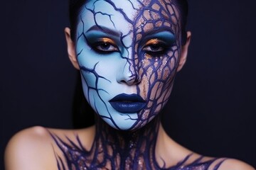 Portrait of beautiful woman with face painting. Halloween makeup. Creative face art, carnival and fashion concept