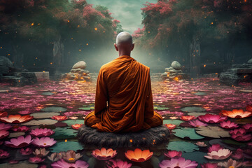 Illustration of Buddhist monk from the back in the lotus position in meditation in surreal landscape. Monk sitting meditating at heart place on calm lake. Generative AI - obrazy, fototapety, plakaty