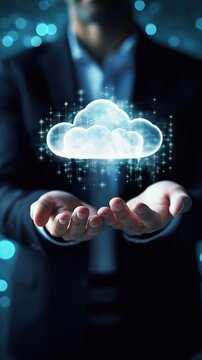 Man holding virtual cloud computing in hand concept.