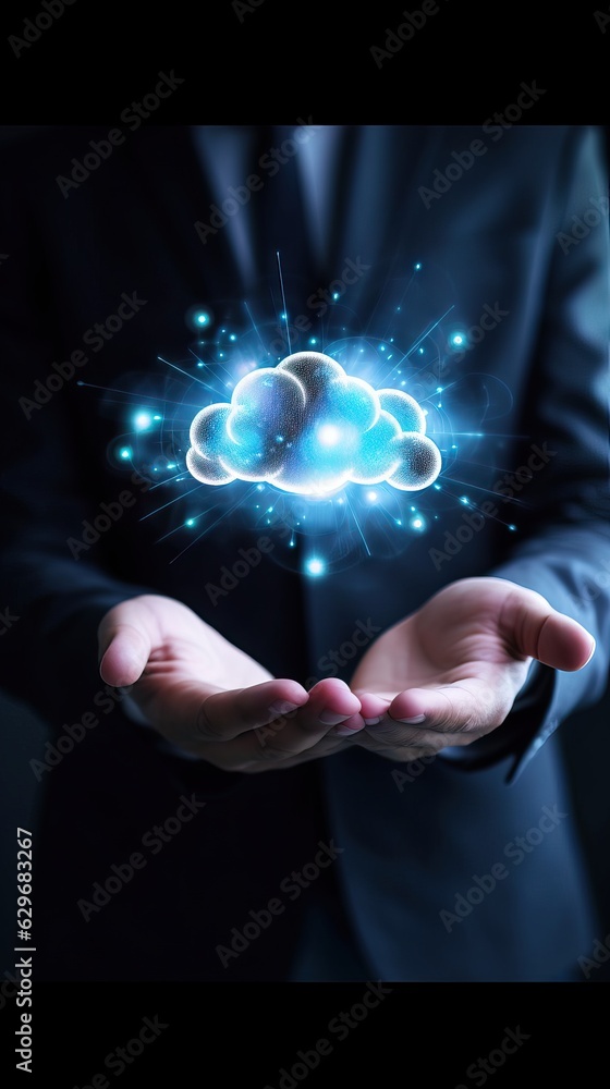 Poster cloud computing storage and database symbol, hands holding sign, futuristic internet concept