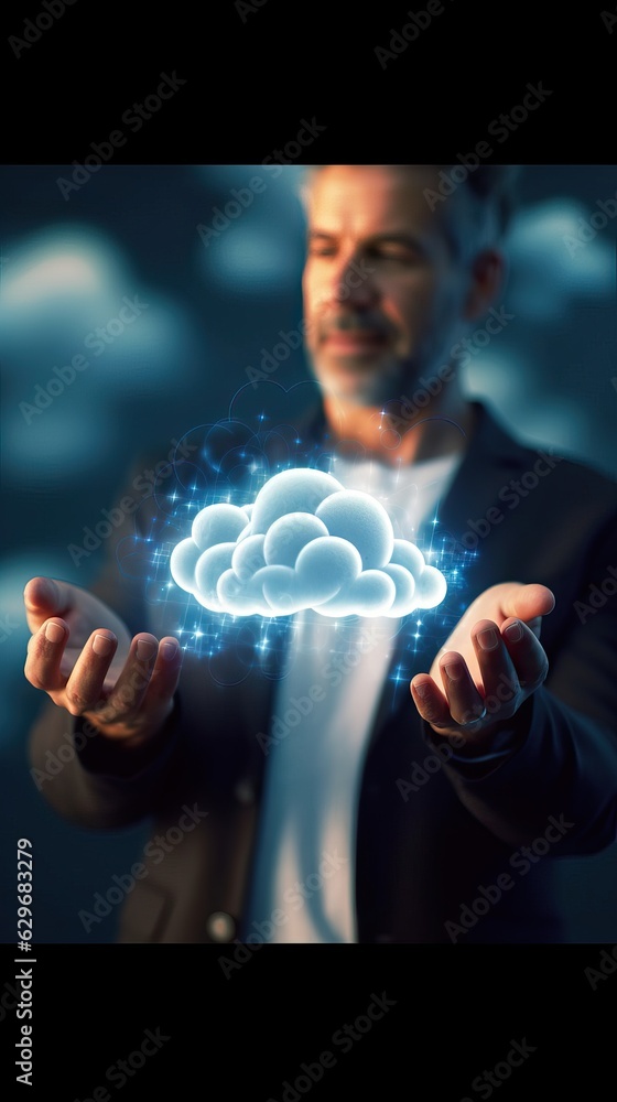 Poster cloud computing storage and database symbol, hands holding sign, futuristic internet concept