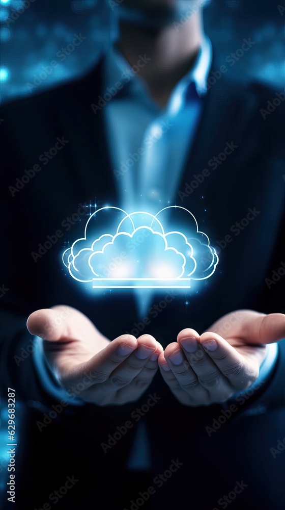Aufkleber cloud computing storage and database symbol, hands holding sign, futuristic internet concept