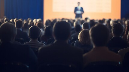 Blurred soft of seminar room for background filled with people attending a speech about business