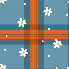 Tartan blue square with daisies pattern