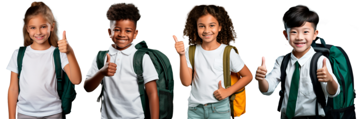 Set young little school children happy smile show thumb-up like on a transparent background