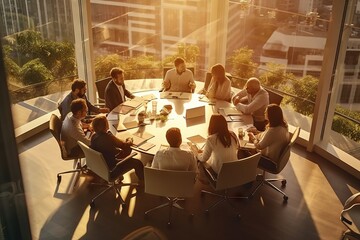 Round table brainstorming at the office, workings reunite to create ideas, office job
