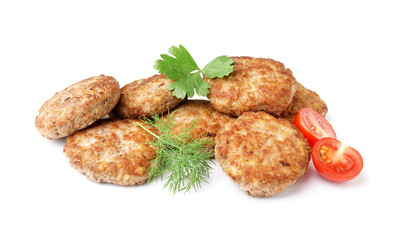 Tasty meat cutlets on white background