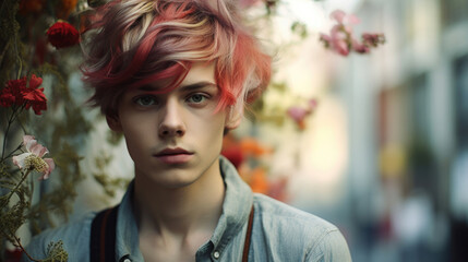 Junge mit roten Strähnen im Haar steht vor einem blühenden Baum in der Stadt - obrazy, fototapety, plakaty