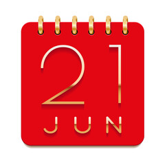 21 day of the month. June. Luxury calendar daily icon. Date day week Sunday, Monday, Tuesday, Wednesday, Thursday, Friday, Saturday. Gold text. Red paper. Vector illustration