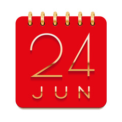 Obraz na płótnie Canvas 24 day of the month. June. Luxury calendar daily icon. Date day week Sunday, Monday, Tuesday, Wednesday, Thursday, Friday, Saturday. Gold text. Red paper. Vector illustration