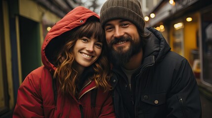 Young couple outdoors at winter having fun, love each other