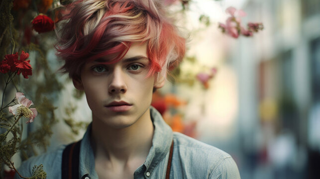 Junge mit roten Strähnen im Haar steht vor einem blühenden Baum in der Stadt