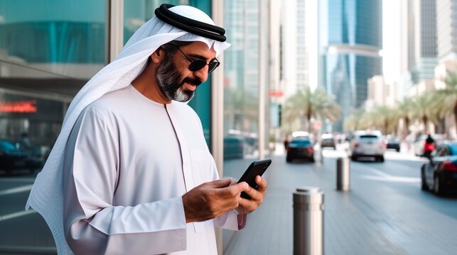 Mature Arab man with Thawb using smart phone in the street of CD