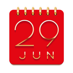 29 day of the month. June. Luxury calendar daily icon. Date day week Sunday, Monday, Tuesday, Wednesday, Thursday, Friday, Saturday. Gold text. Red paper. Vector illustration