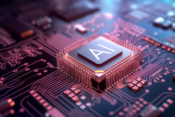 Computer mother board chip with AI text and glowing circuit background. Concept for artificial intelligence, big data, machine learning, robot trading, cryptocurrency. 3D Rendering