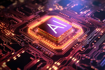 Obraz premium Computer mother board chip with AI text and glowing circuit background. Concept for artificial intelligence, big data, machine learning, robot trading, cryptocurrency. 3D Rendering