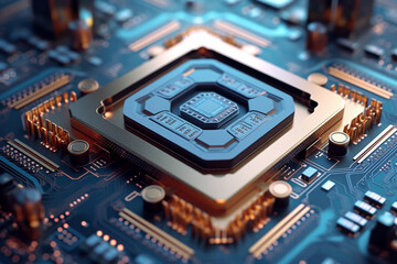 Fototapeta premium Computer mother board chip with AI text and glowing circuit background. Concept for artificial intelligence, big data, machine learning, robot trading, cryptocurrency. 3D Rendering