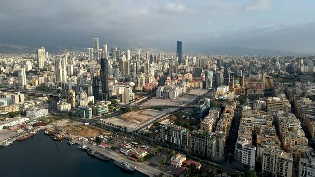 Aerial drone shot of Downtown Beirut, Lebanon's capital city 