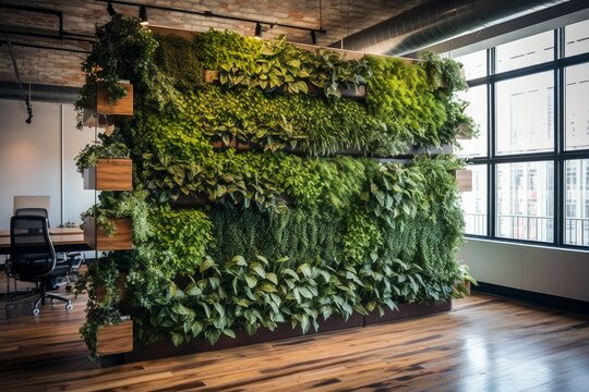 Eco home office with table, comfortable armchair and laptop. Background from leaves and plants. Plant wall with lush green colors