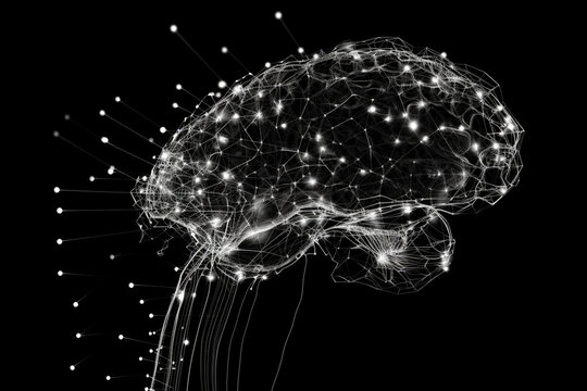 Digital mind, artificial intelligence, machine consciousness 3D illustration. Computer brain and neural networks. Electrical impulses brainstorming