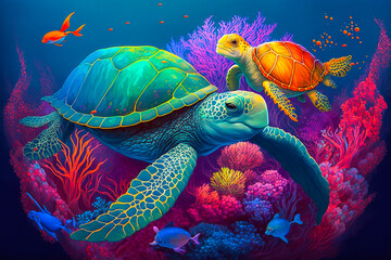 Sea Turtle Fairytale Concept Illustration. A turtle and its companion concept. Water Creature Friends, Children's literature, Fantasy, Adventure. Made with Generative AI