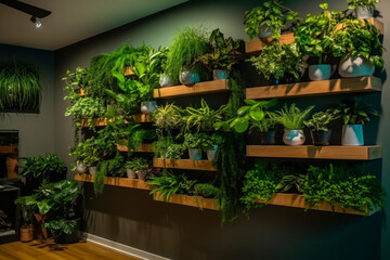 Stylish home interior with vertical garden - wall design of green plants. Architecture, decor, eco concept