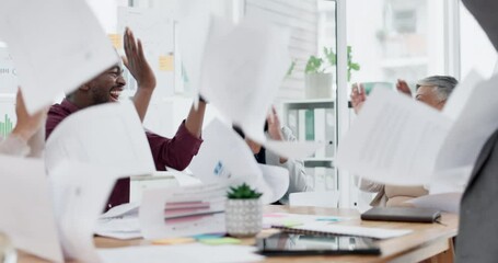 Happy business people, documents and finish in applause for team success or achievement at the office. Group of employees clapping in teamwork with paperwork falling in air for well done and good job