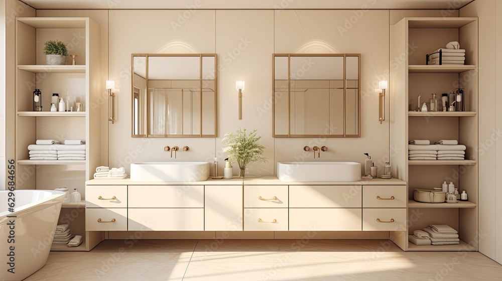 Wall mural beige bathroom interior double sink mirror, generative ai