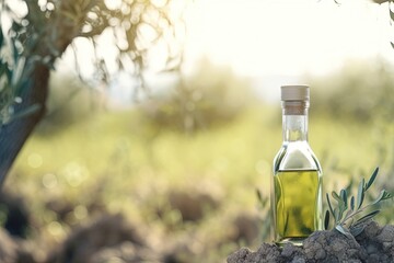 Olive oil in a glass bottle on a background of olive trees.