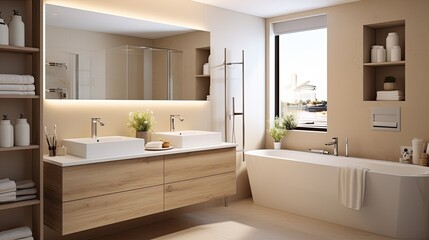 Fototapeta na wymiar beige bathroom interior double sink mirror, generative ai