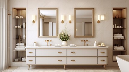 Fototapeta na wymiar beige bathroom interior double sink mirror, generative ai
