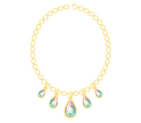 Fototapeta premium Gold necklace, chain with precious stones emeralds in the shape of a drop. Vector isolated cartoon female precious jewelry.