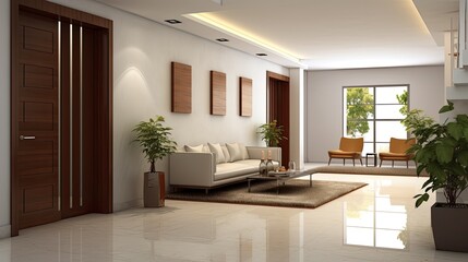 interior corridor leading stylish living room, generative ai