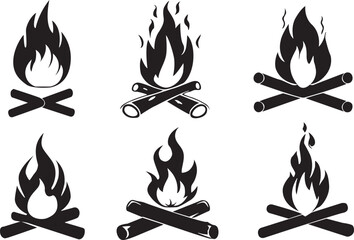 Set of black and white campfire icons. Bonfire burning on firewood icons. Campfire silhouettes. Bonfire burning on firewood silhouettes. Vector illustration.