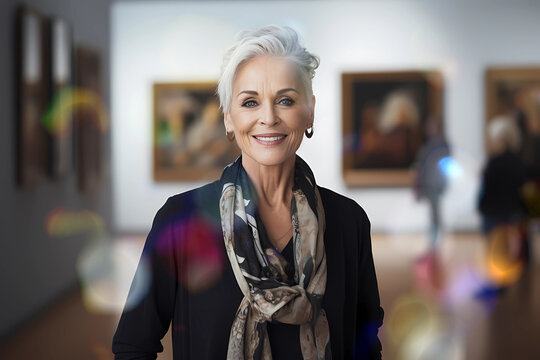 older senior beautiful elegant refined woman in art gallery