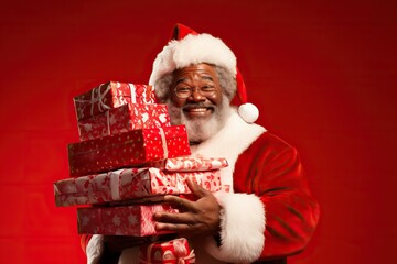 Afro american black santa claus holding a bunch of presents for the kids