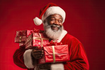 Afro american black santa claus holding a bunch of presents for the kids - Powered by Adobe
