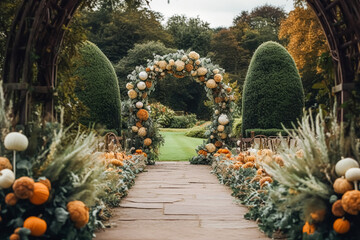 Wedding aisle, floral decor and marriage ceremony, autumnal flowers and decoration in the English countryside garden, autumn country style