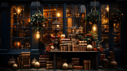 An image of a book shop window on Christmas with  of Christmas themed gifts