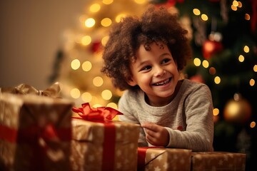Small cute child holding present gift box with red ribbon,giving receiving presents on holiday event - obrazy, fototapety, plakaty