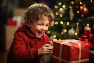 Small cute child holding present gift box with red ribbon,giving receiving presents on holiday event
