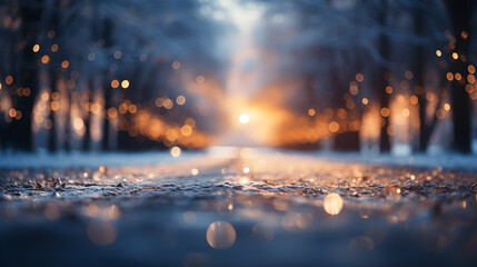Fototapeta premium Blurred winter background with warm light bokeh lights