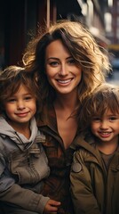 Fototapeta premium Young mother hugging her child against city background,bonding together happy family,single mother