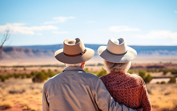 An aging duo of tourists, viewed from behind, as they revel in the enchanting attractions and experiences that enrich their journey and love for one another.