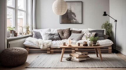 scandinavian style living room design boho, generative ai