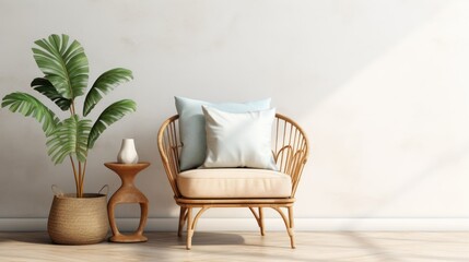 stlish interior living room rattan armchair, generative ai