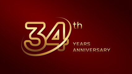 34th anniversary logo design in gold color isolated on a red background, logo vector illustration