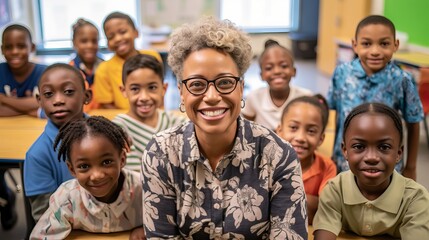 Afroamerican teacher happy smiling surrounded by kids, learning at school, multicultural class
