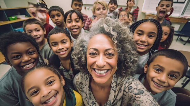 Afroamerican teacher happy smiling surrounded by kids, learning at school, multicultural class