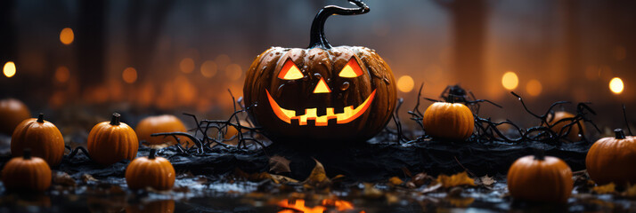 Spooky Pumpkin with Dark Hollow Eyes Surrounded by Fog